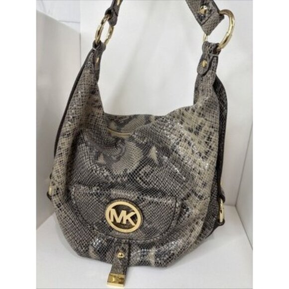 Michael Kors Python Embossed Leather Hobo Shoulder Bag Gold Hardware + Wallet - Picture 2 of 16